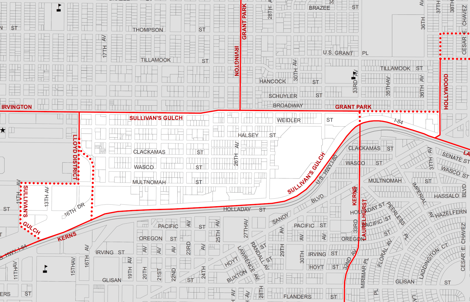 Sullivan's Gulch neighborhoods boundary map